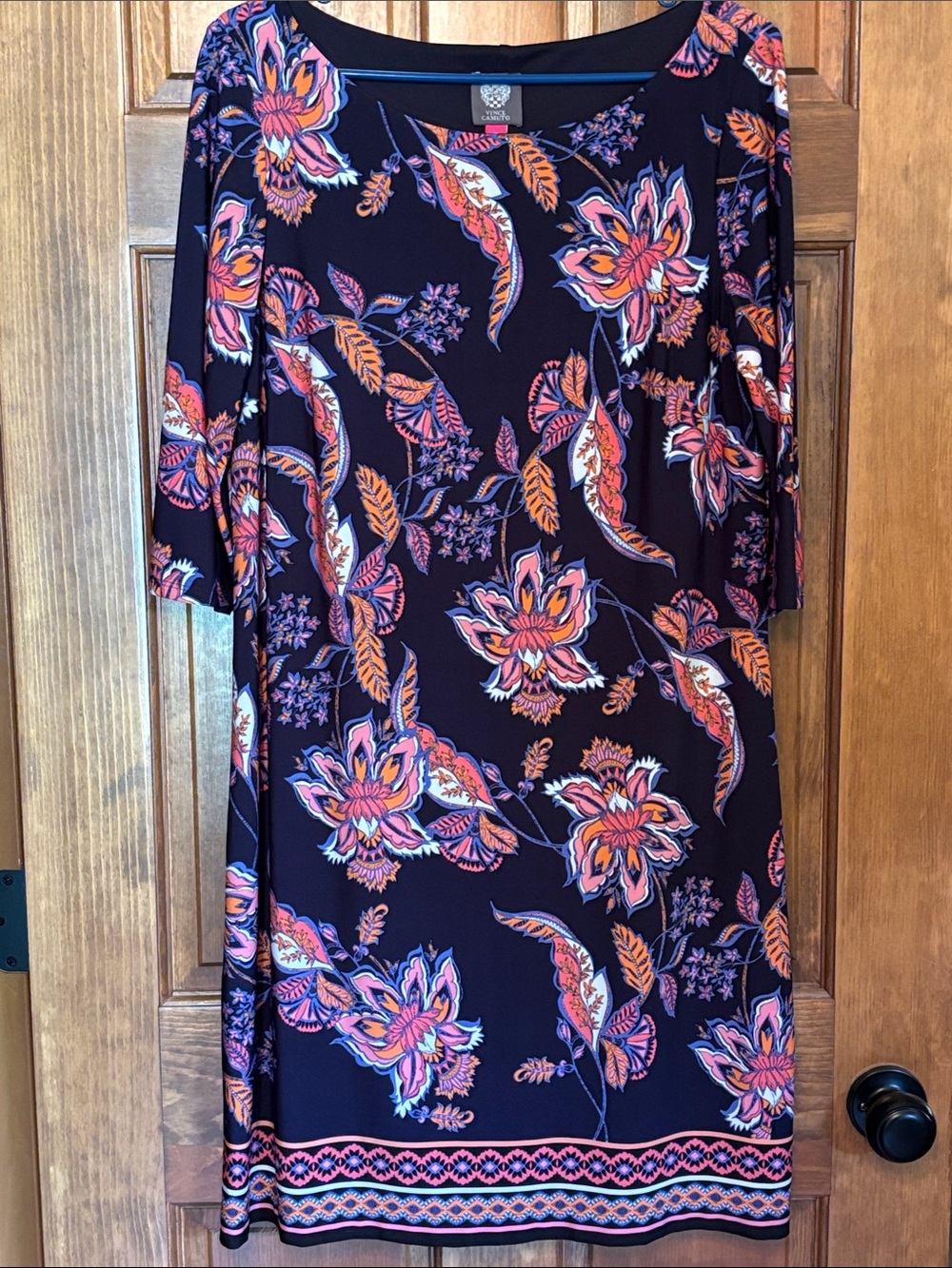 Vince Camuto Floral Shift Dress 3/4 Sleeve Navy Pink Orange Women's Size 14